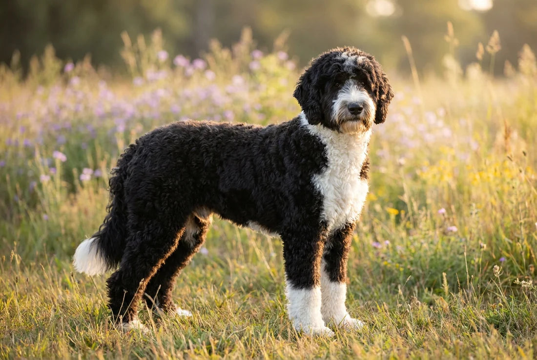 Adult Sheepadoodle portrait with a low-shedding black and white coat, an intelligent family dog
